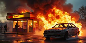Incendie spectaculaire : une voiture flambe au drive d’un fast-food, endommageant une section du restaurant