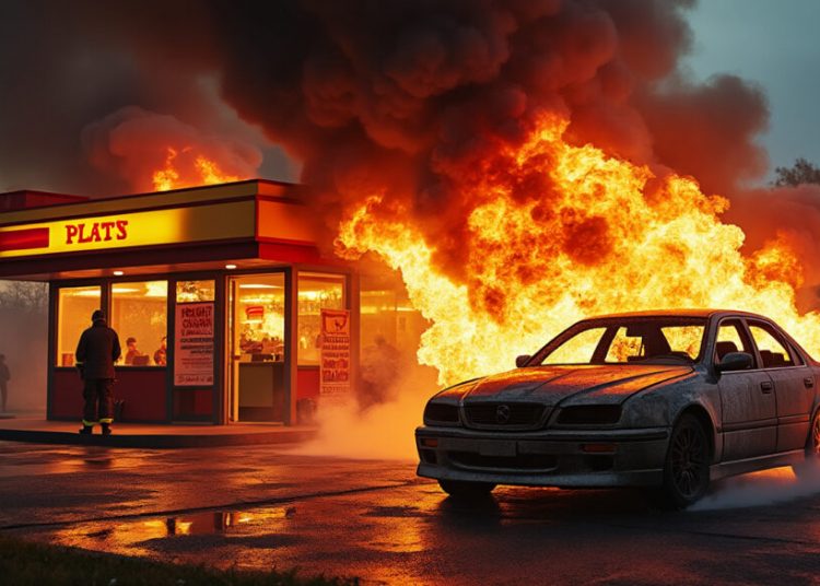 Incendie spectaculaire : une voiture flambe au drive d’un fast-food, endommageant une section du restaurant