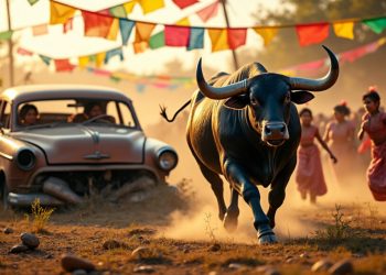 Un taureau en libertés : une voiture oubliée est réduite en miettes lors d’une fête votive