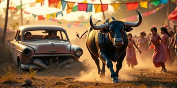 Un taureau en libertés : une voiture oubliée est réduite en miettes lors d’une fête votive