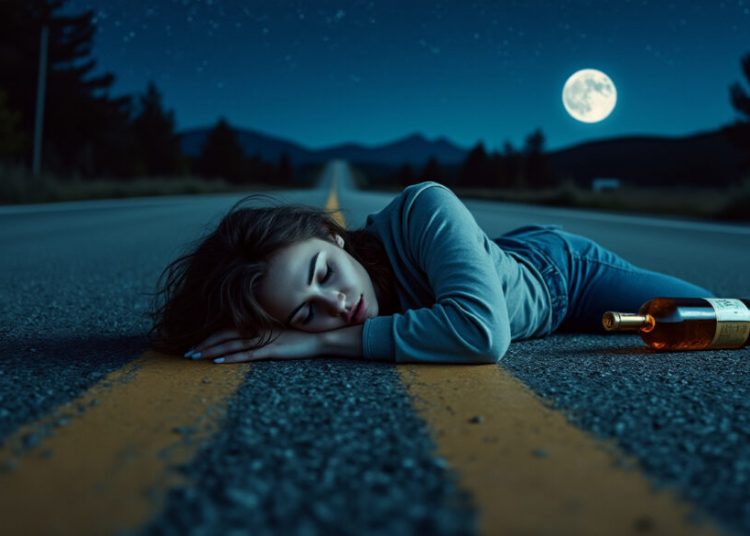 Sous l’emprise de l’ivresse, elle fait de la route son lit improvisé et s’endort paisiblement sur la chaussée !