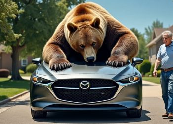 Un ours audacieux dérobe le capot d’une Mazda sous le regard médusé de son propriétaire et s’éclipse tranquillement