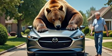 Un ours audacieux dérobe le capot d’une Mazda sous le regard médusé de son propriétaire et s’éclipse tranquillement