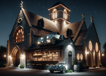 Une voiture perchée sur le toit d’une vieille église illumine un bar et un garage atypiques