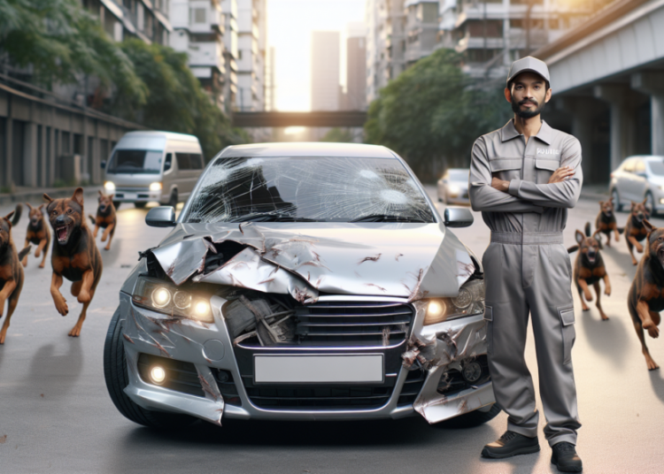 Un livreur relaxé malgré des dommages sur une voiture de luxe après une fuite face à des chiens