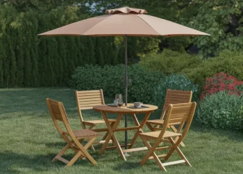 Construire une table de jardin pliante avec parasol intégré en bois recyclé