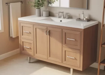Meuble de rangement sous lavabo sur mesure : découpe, charnières et finition
