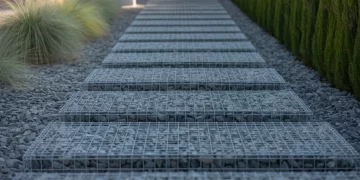 Allée de jardin en gabions remplis de gravier : technique et rendu minimaliste