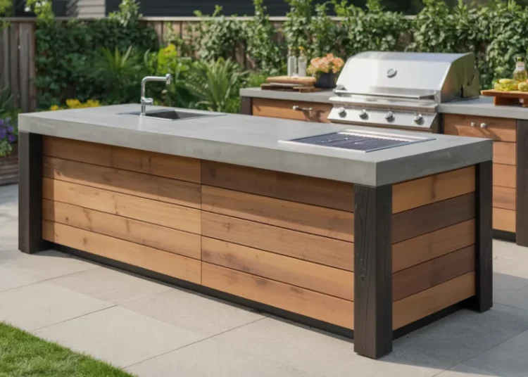 Construire un îlot de jardin pour barbecue : coffrage bois brûlé et plan de travail en béton coulé