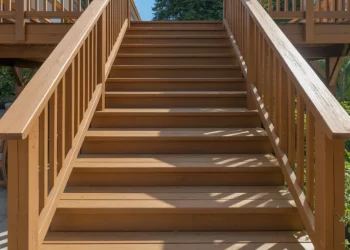 Escalier extérieur en bois composite sur pilotis : calcul, assemblage et main courante