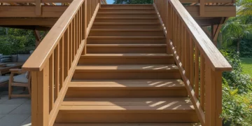 Escalier extérieur en bois composite sur pilotis : calcul, assemblage et main courante