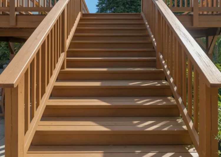 Escalier extérieur en bois composite sur pilotis : calcul, assemblage et main courante