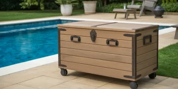 Coffre de rangement extérieur pour matériel de piscine : fabriquer soi-même un meuble en bois traité avec roulettes et crochets