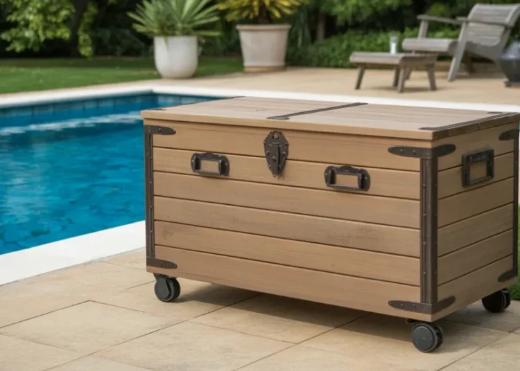Coffre de rangement extérieur pour matériel de piscine : fabriquer soi-même un meuble en bois traité avec roulettes et crochets