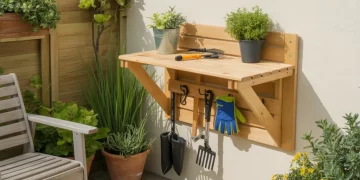 Établi de jardin pliable fixé au mur : plans, cotes et étapes de fabrication