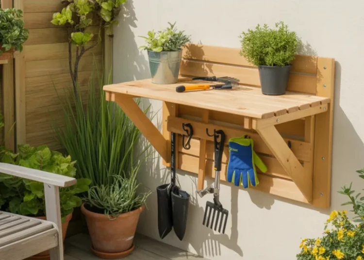Établi de jardin pliable fixé au mur : plans, cotes et étapes de fabrication