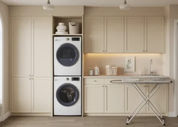 Meuble de buanderie sur mesure : colonne sèche-linge et barre de repassage rabattable