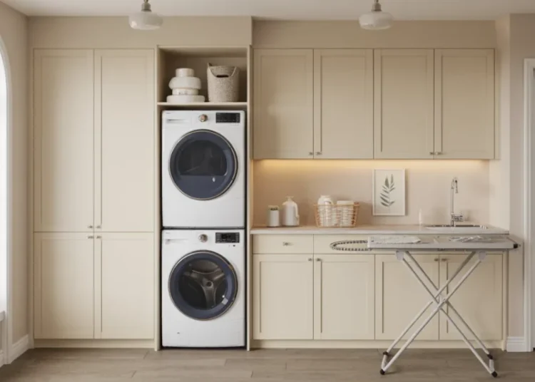 Meuble de buanderie sur mesure : colonne sèche-linge et barre de repassage rabattable