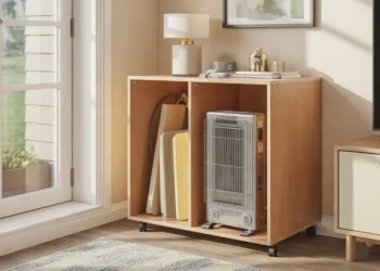 Meuble de rangement pour chauffage d’appoint : fabrication en contreplaqué pour moins de 60 €