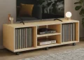 Meuble TV sur roulettes avec rangement vinyles et câbles masqués : guide de construction en contreplaqué