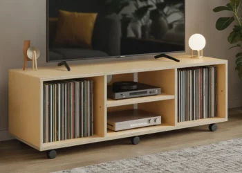 Meuble TV sur roulettes avec rangement vinyles et câbles masqués : guide de construction en contreplaqué